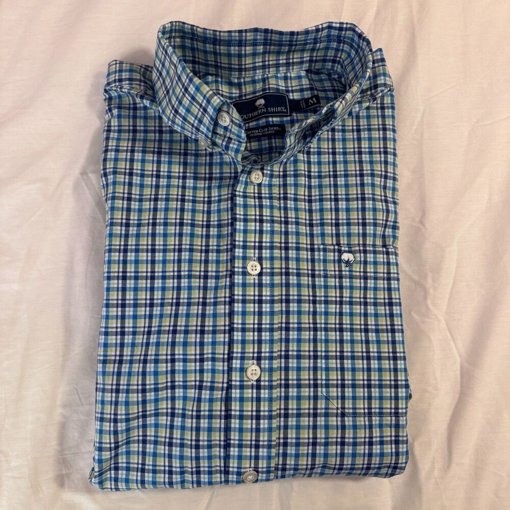 Mens Medium Southern Shirt Company Men’s Cotton Club Shirt Blue/Green Plaid EUC